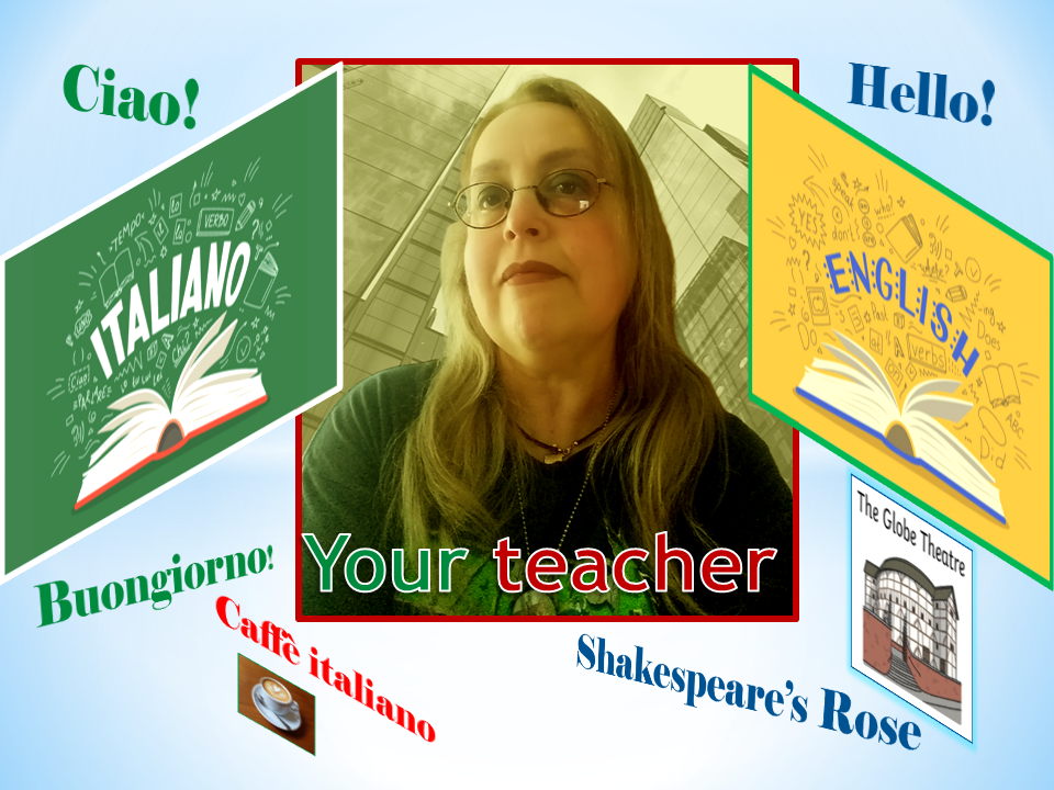 Collage of Rosie, Italian and English teacher, with greetings and language icons.