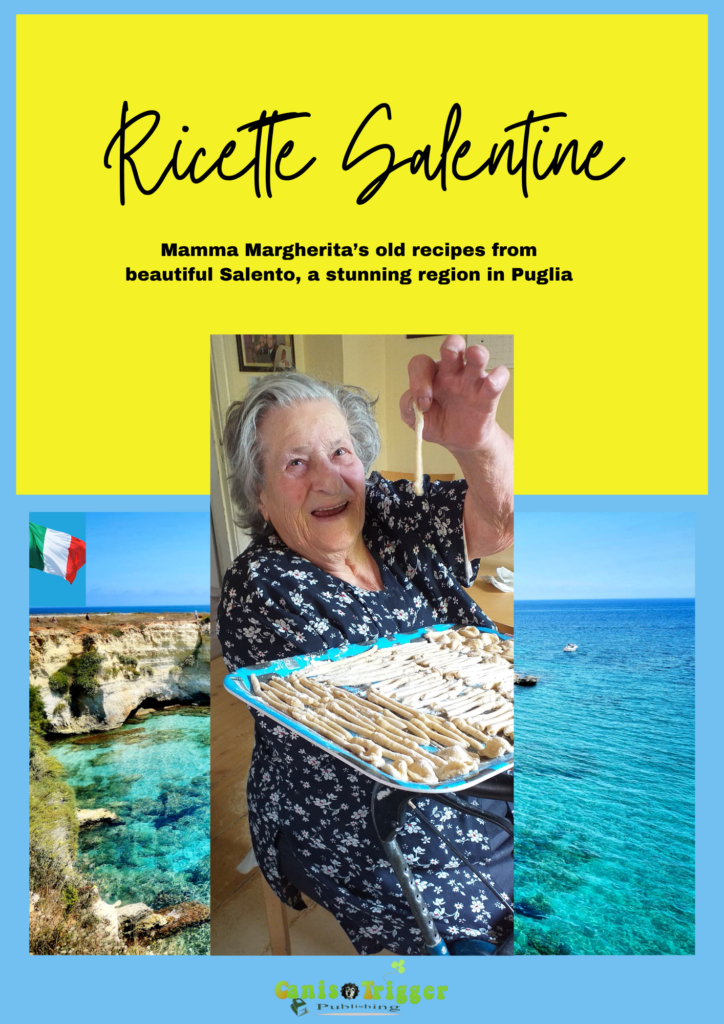 Margherita Rescio smiling while presenting her homemade pasta on the cover of the Ricette Salentine e‑book.